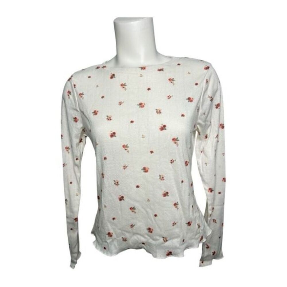 No Comment White Floral Long Sleeve Pointelle Fitted Shirt Sz Large New
